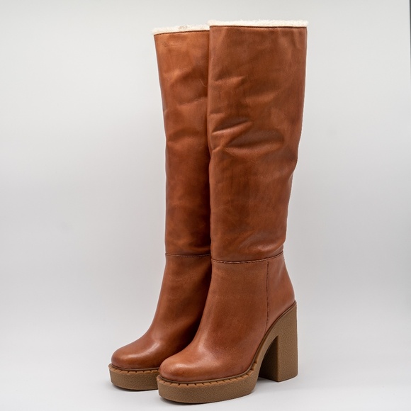 size 40eu 10 US Prada Cognac Shearling Fur Block Heel Tall Boots Brown Platform - Picture 1 of 15
